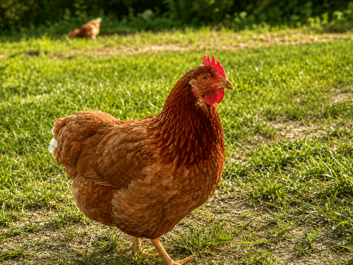 Two brown hens roaming outdoors on the farm